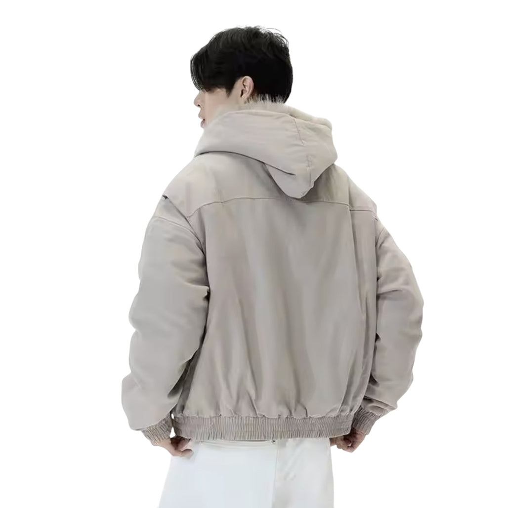 AuraXclusive beige hooded winter jacket with plush lining and ribbed hem worn by a model, back view