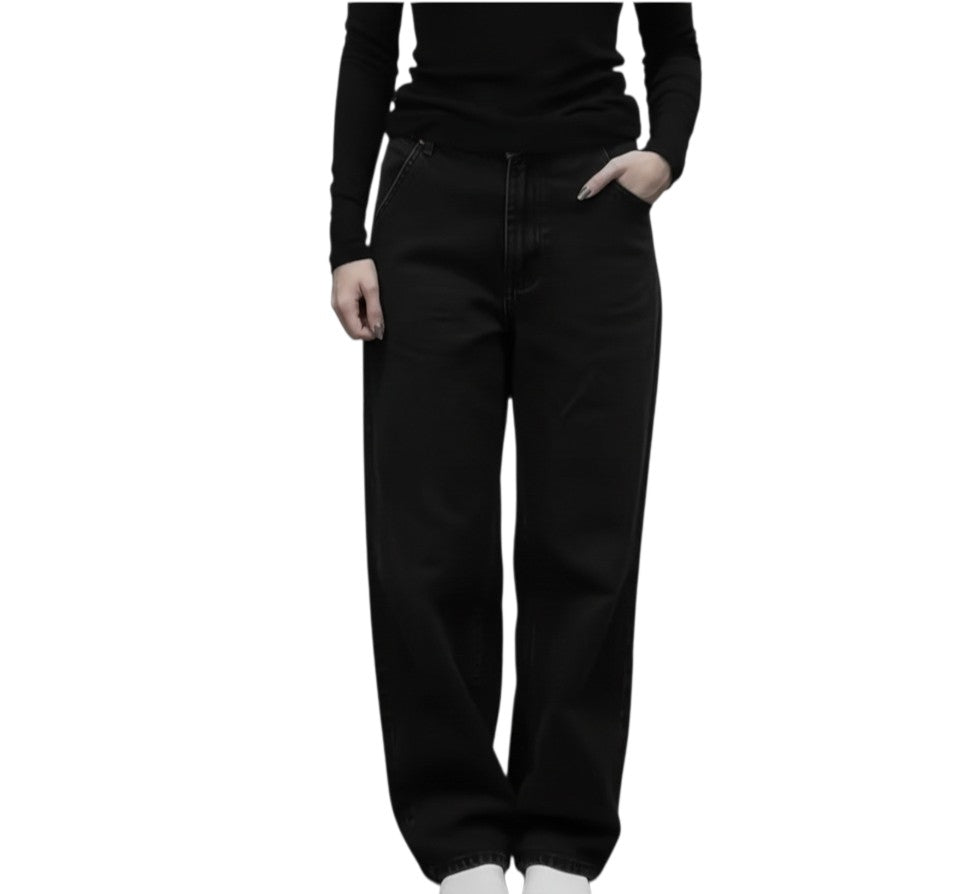 AuraXclusive black baggy denim jeans with a loose wide-leg fit, button fly closure, and vintage Y2K street style.