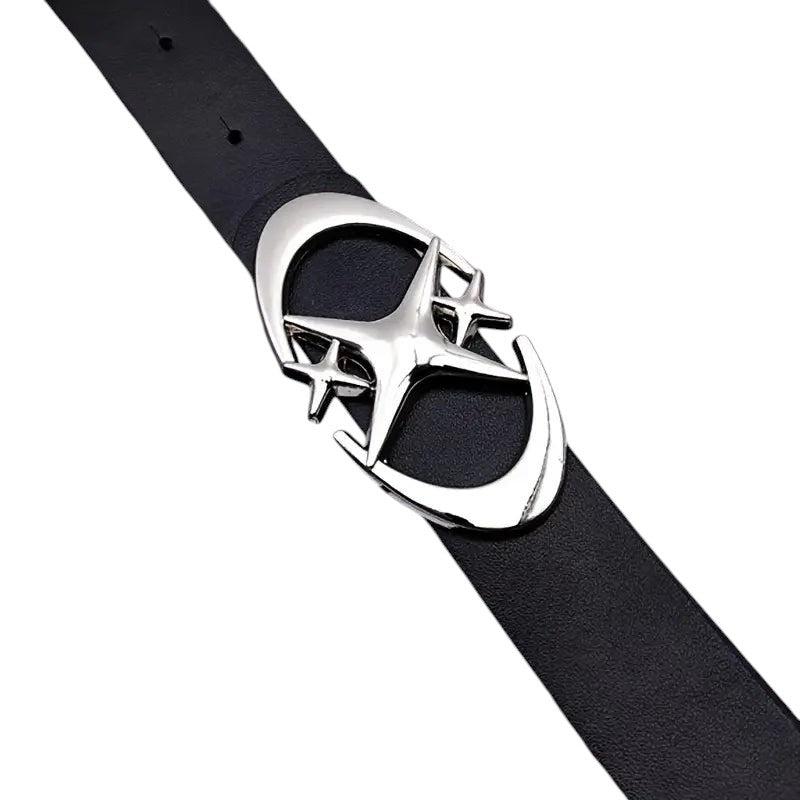 AuraXclusive unisex black PU leather belt featuring a polished silver-tone oval cross metal buckle design.