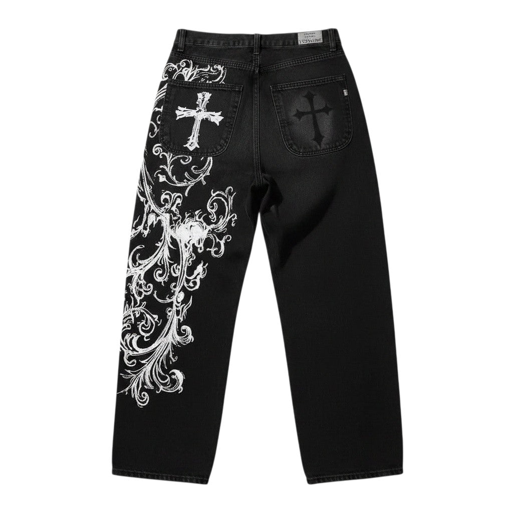 AuraXclusive black baggy denim jeans featuring white floral embroidery and cross appliques on the back pockets