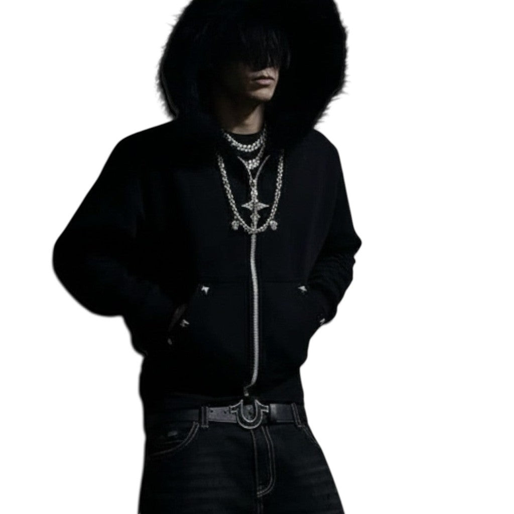AuraXclusive black zip-up hoodie with a fluffy faux fur hood, styled in a dark streetwear Y2K aesthetic.