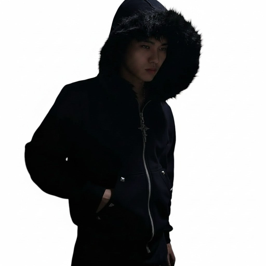 AuraXclusive black zip-up hoodie with a faux fur-lined hood, featuring a dark streetwear aesthetic for winter.