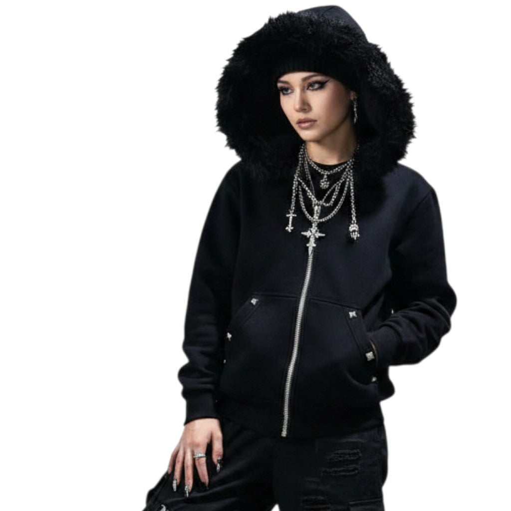 AuraXclusive women's black zip-up hoodie with a faux fur-lined hood, styled in a dark Y2K streetwear aesthetic.