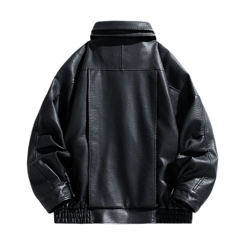 Back view of a black AuraXclusive men's faux leather jacket with a turn-down collar and elasticated hem.