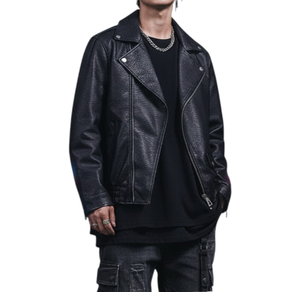 AuraXclusive men's black faux leather biker jacket with a turn-down collar, styled with black cargo pants and boots.