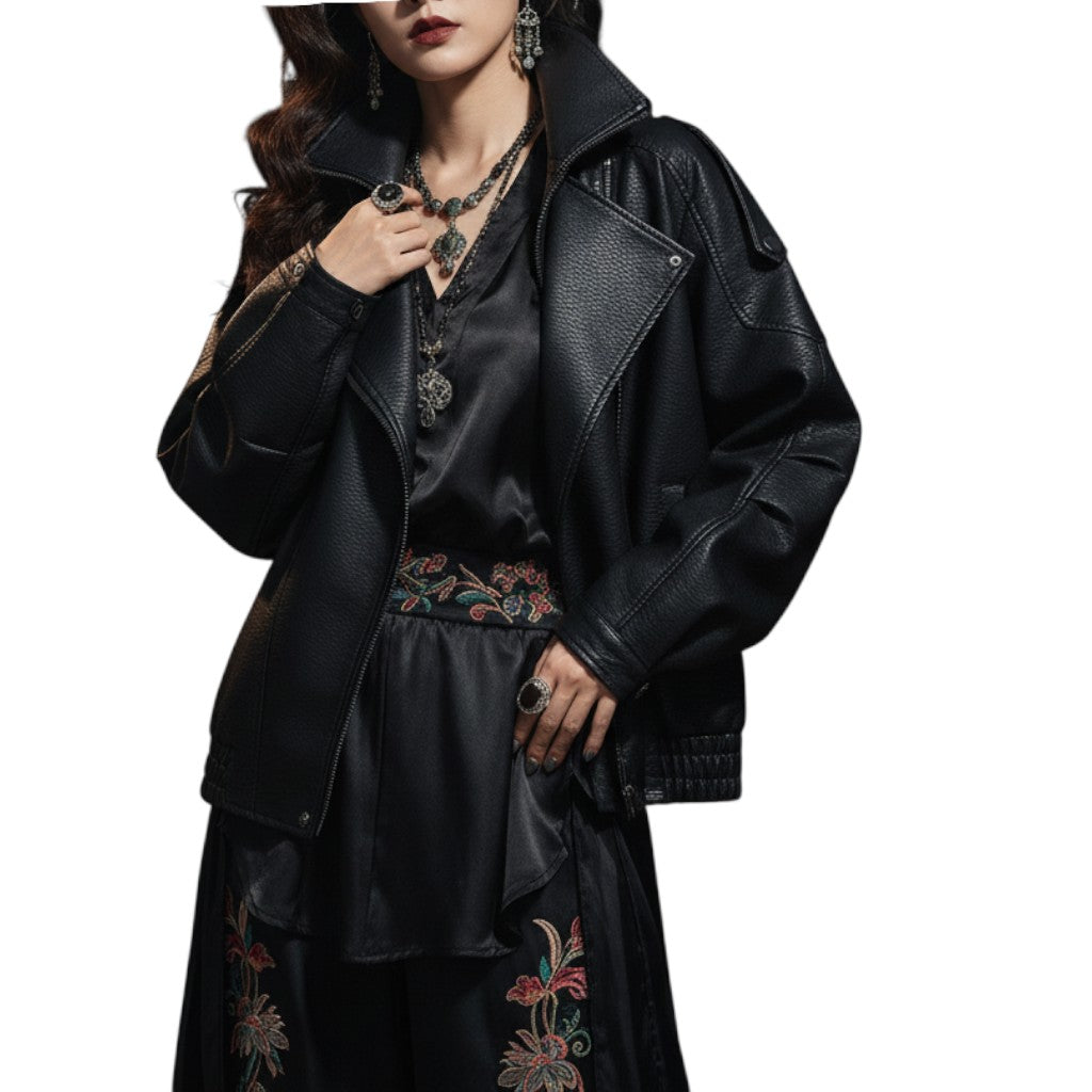 AuraXclusive men's black faux leather jacket with a turn-down collar, worn by a model in a stylish casual outfit.