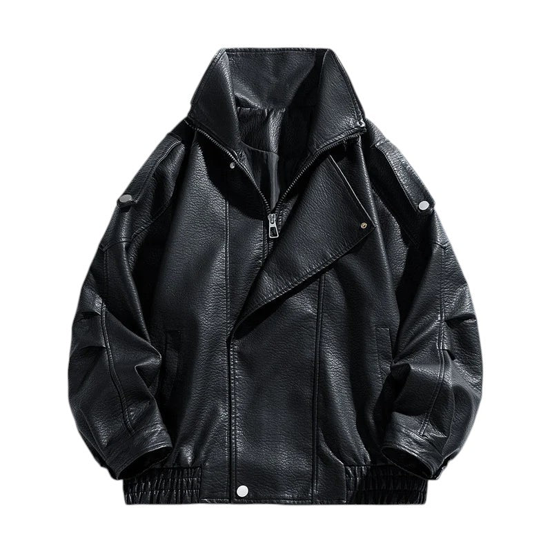 AuraXclusive men's black faux leather jacket with a turn-down collar, zipper closure, and ribbed hem for autumn winter.