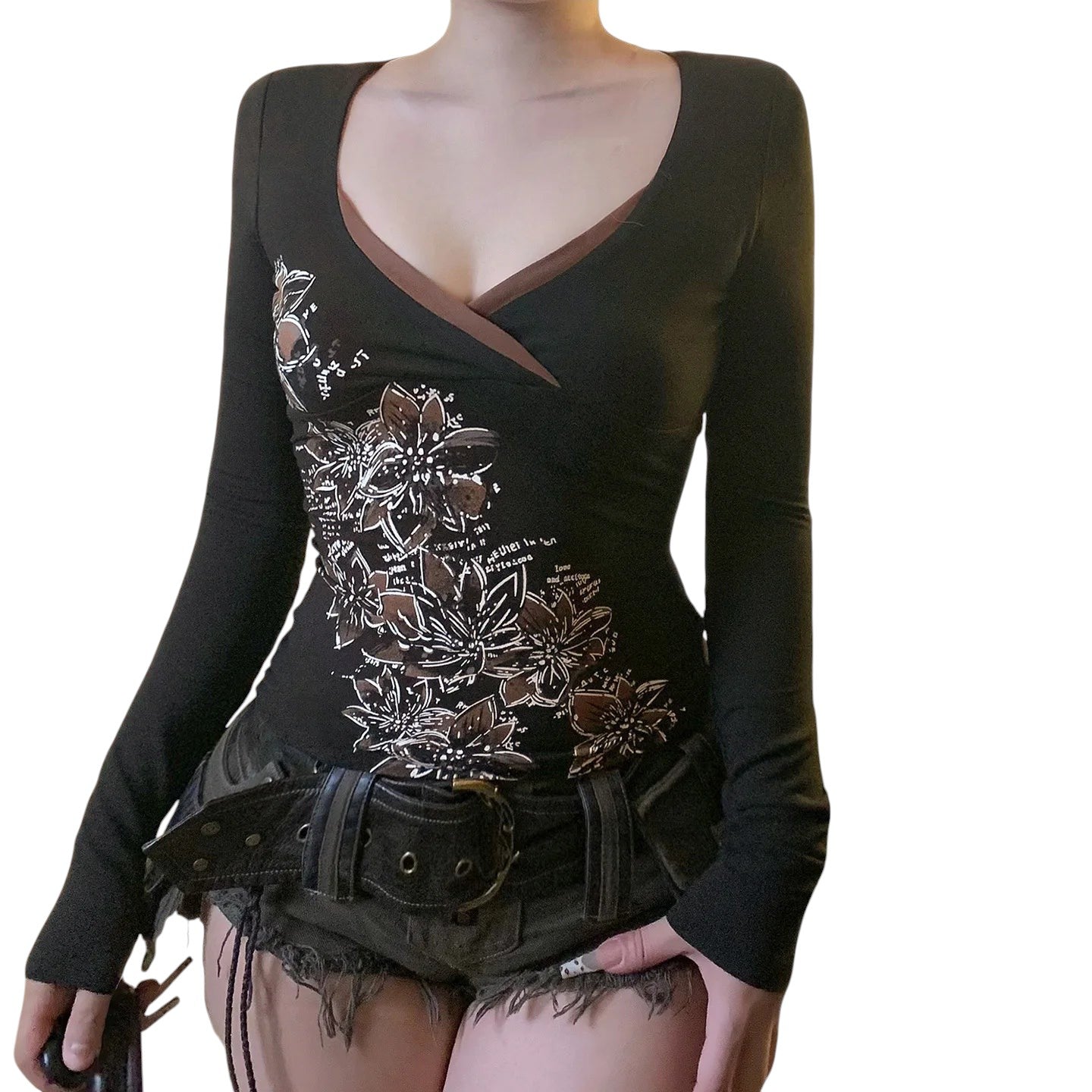 AuraXclusive slim-fit black long-sleeve top with a cross V-neck and white floral graphic print for a retro aesthetic.