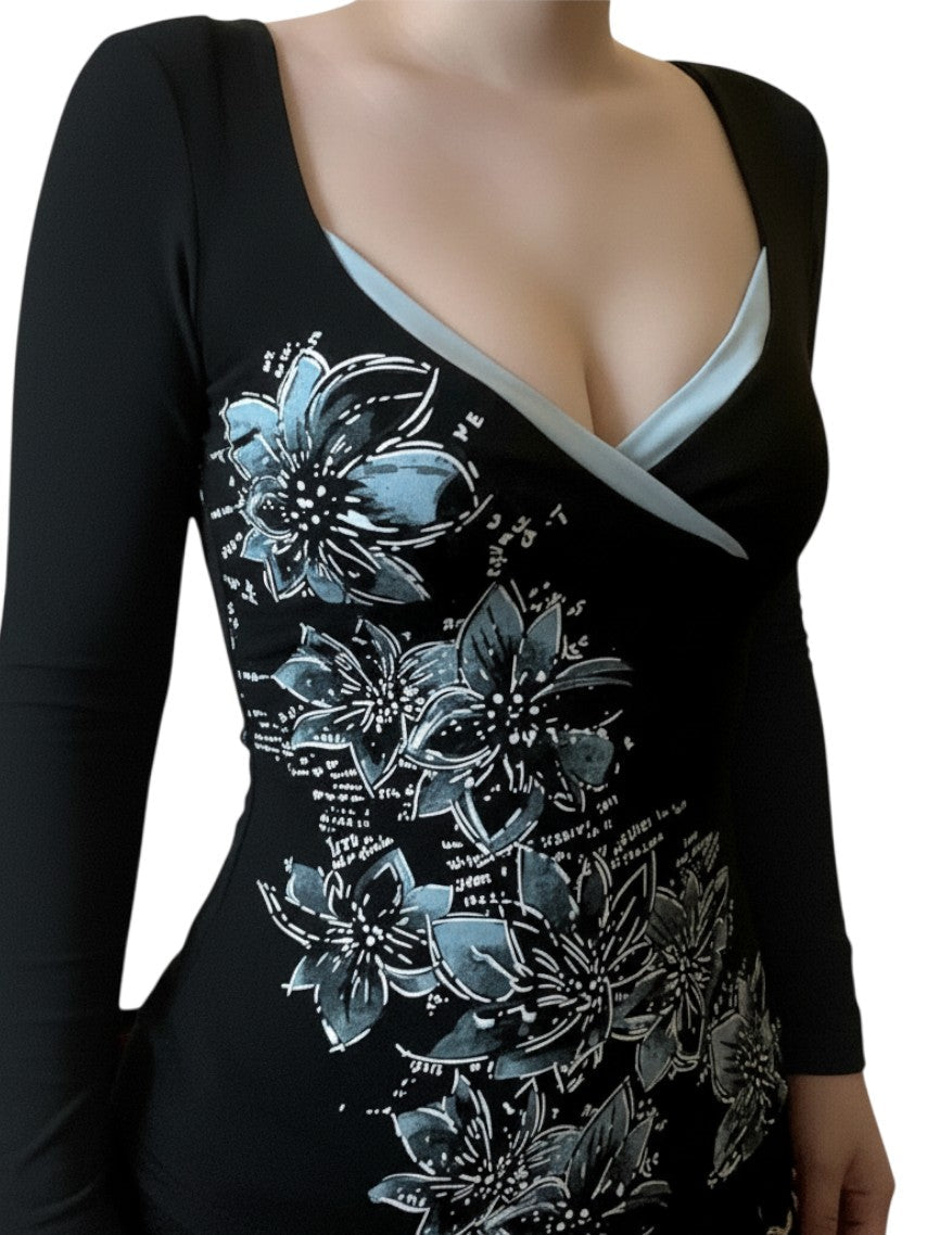 AuraXclusive slim-fit black long-sleeve top with a cross V-neck and blue floral graphic print for a retro aesthetic.