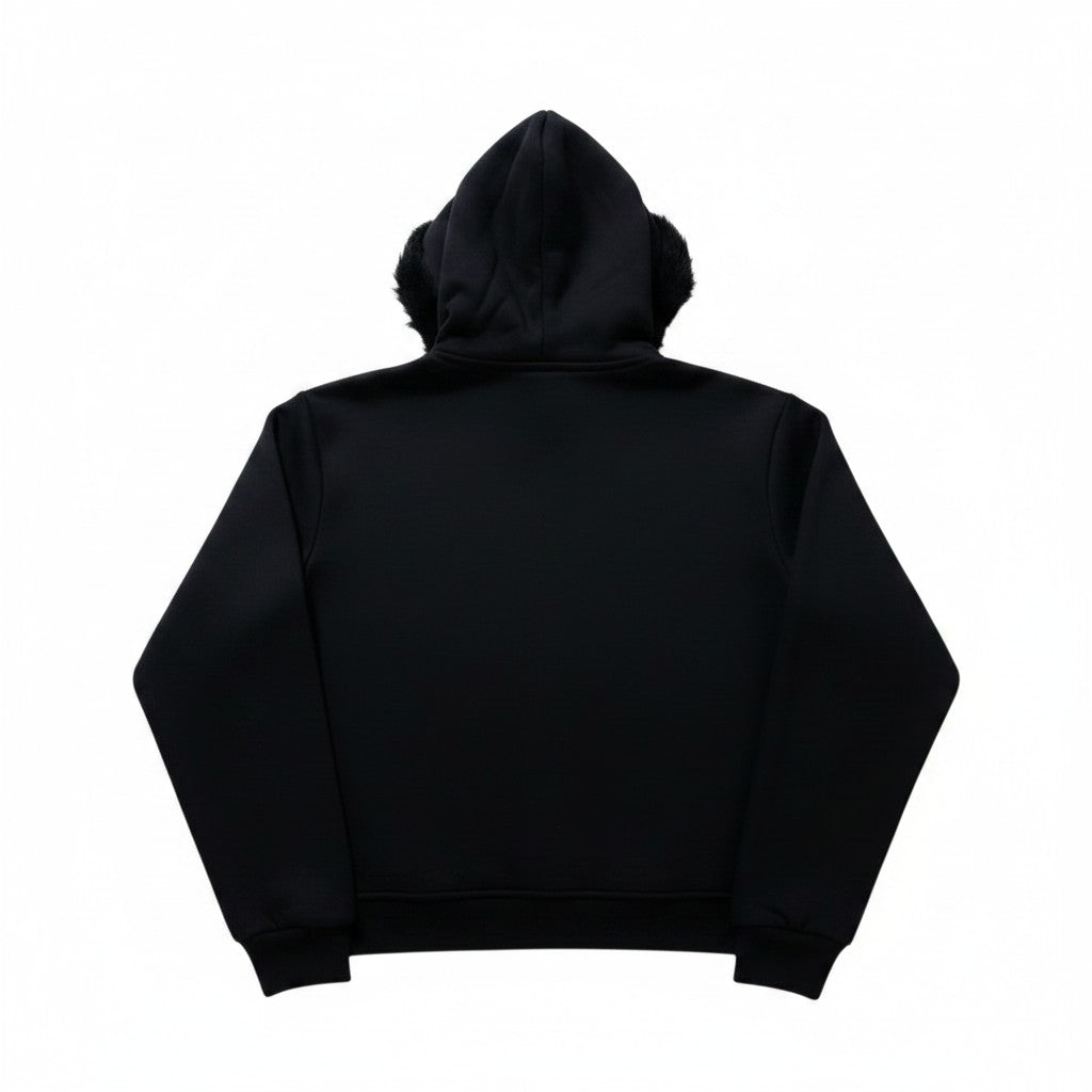 Back view of a black AuraXclusive Y2K style zip-up hoodie with a fluffy faux fur lined hood for women