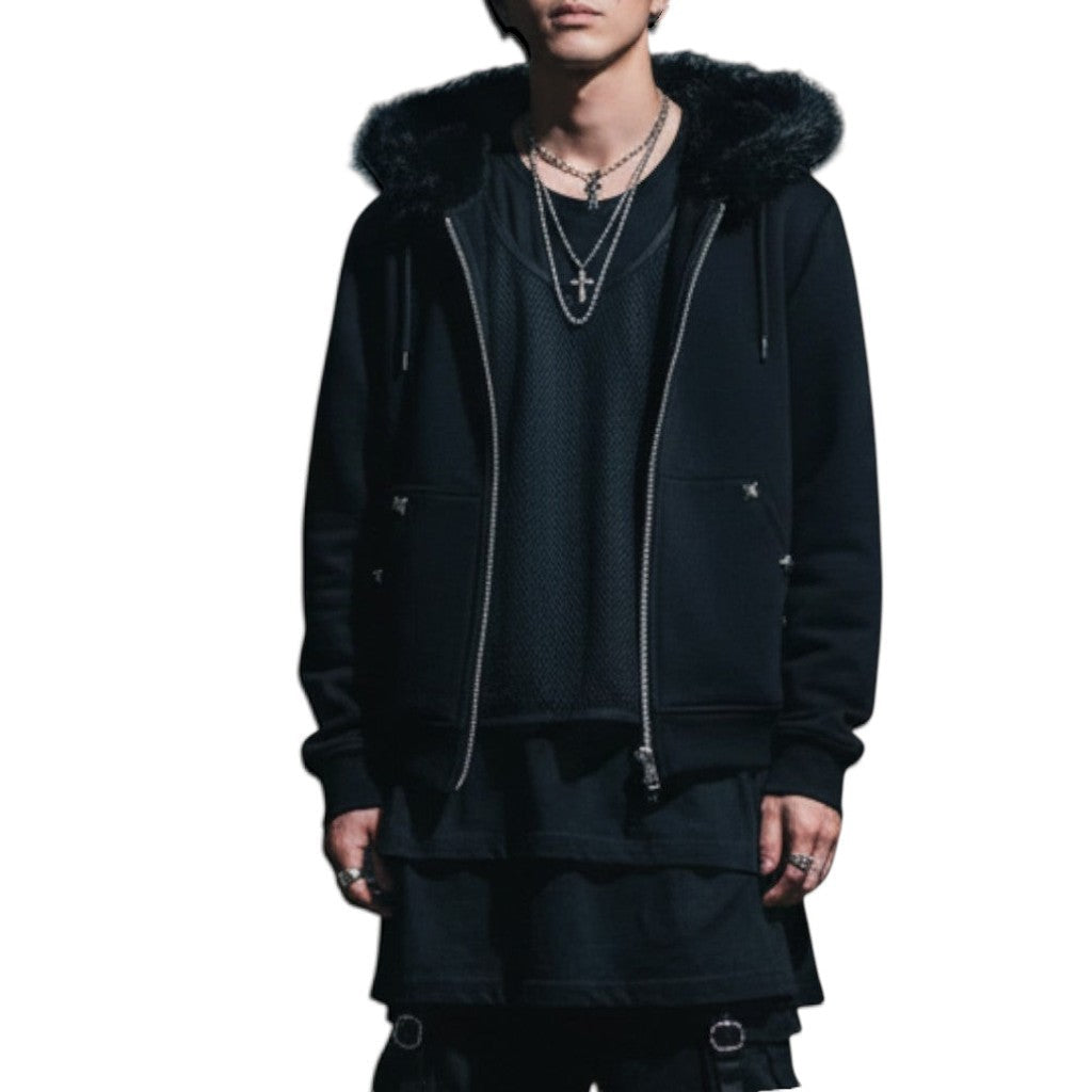 AuraXclusive black Y2K style zip-up hoodie with a faux fur trim hood, worn by a person in dark streetwear attire.