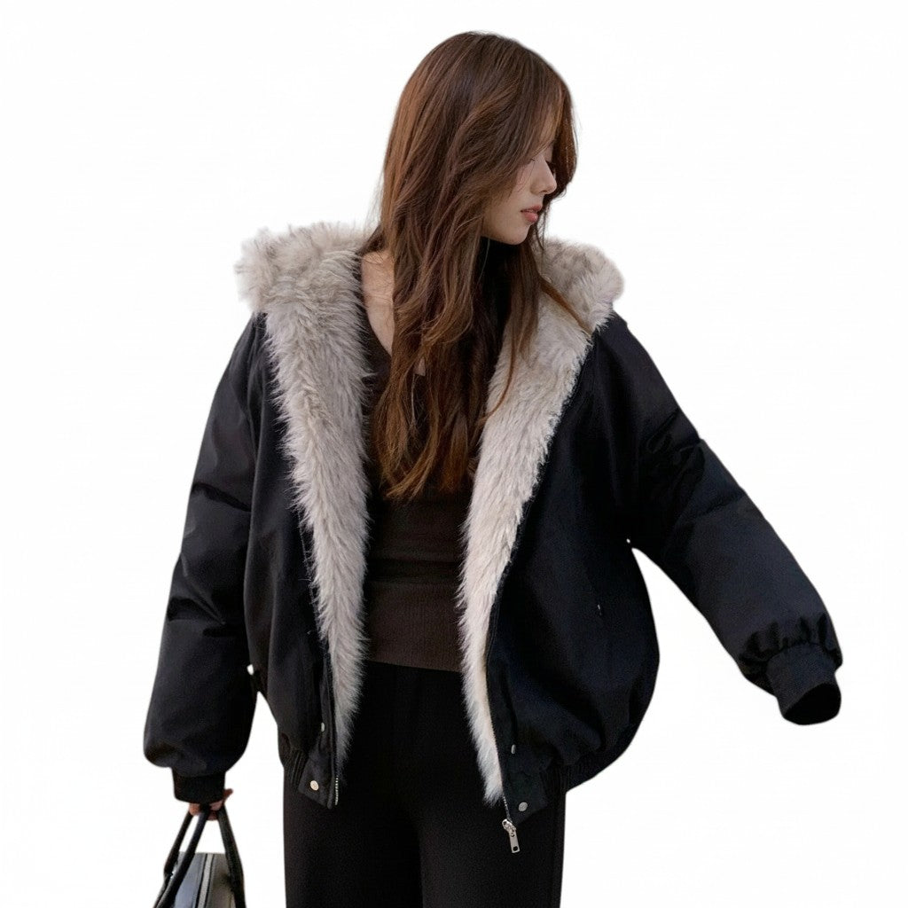 AuraXclusive women's black hooded winter jacket with plush faux fur lining, zipper closure, and casual loose fit.