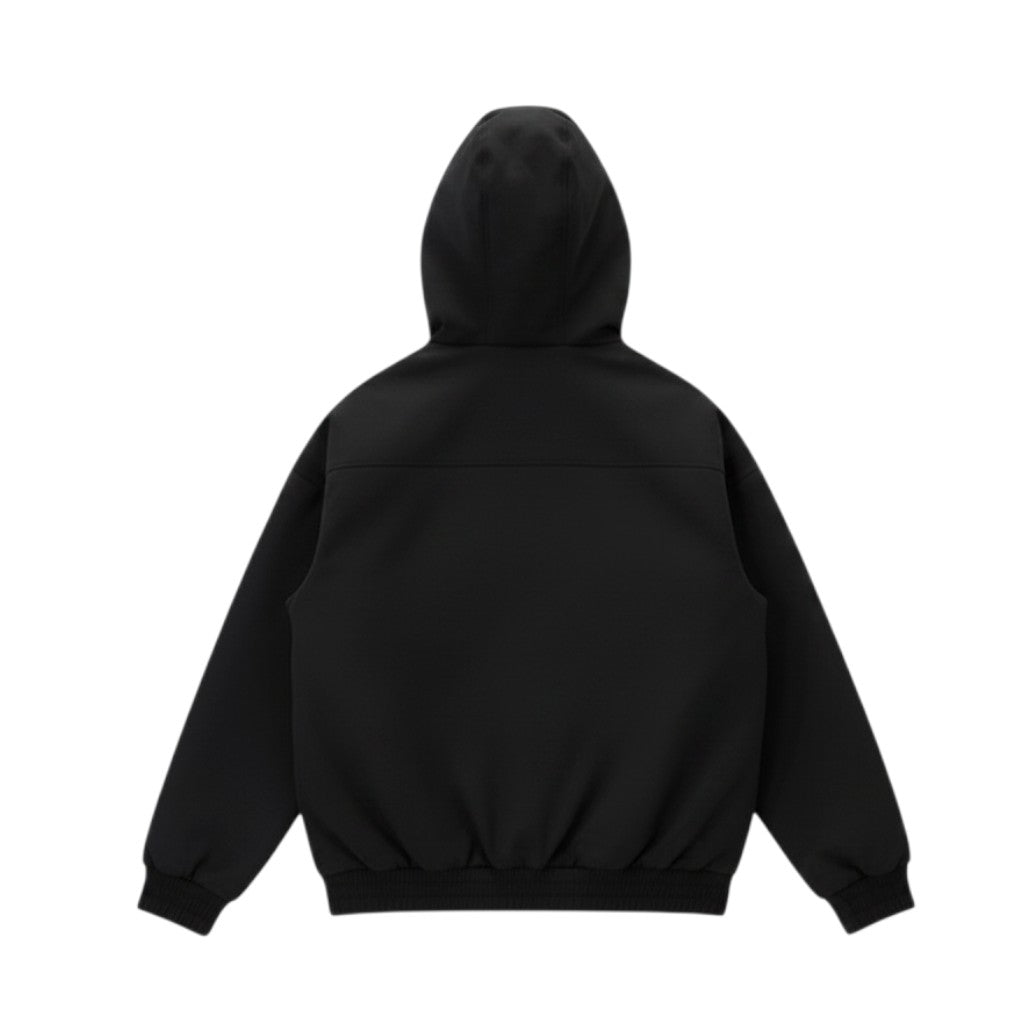 AuraXclusive women's black hooded winter jacket with a thick plush lining, back view showing a casual loose fit