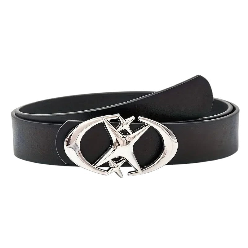 AuraXclusive unisex black PU leather belt featuring a stylish silver-tone oval cross metal buckle