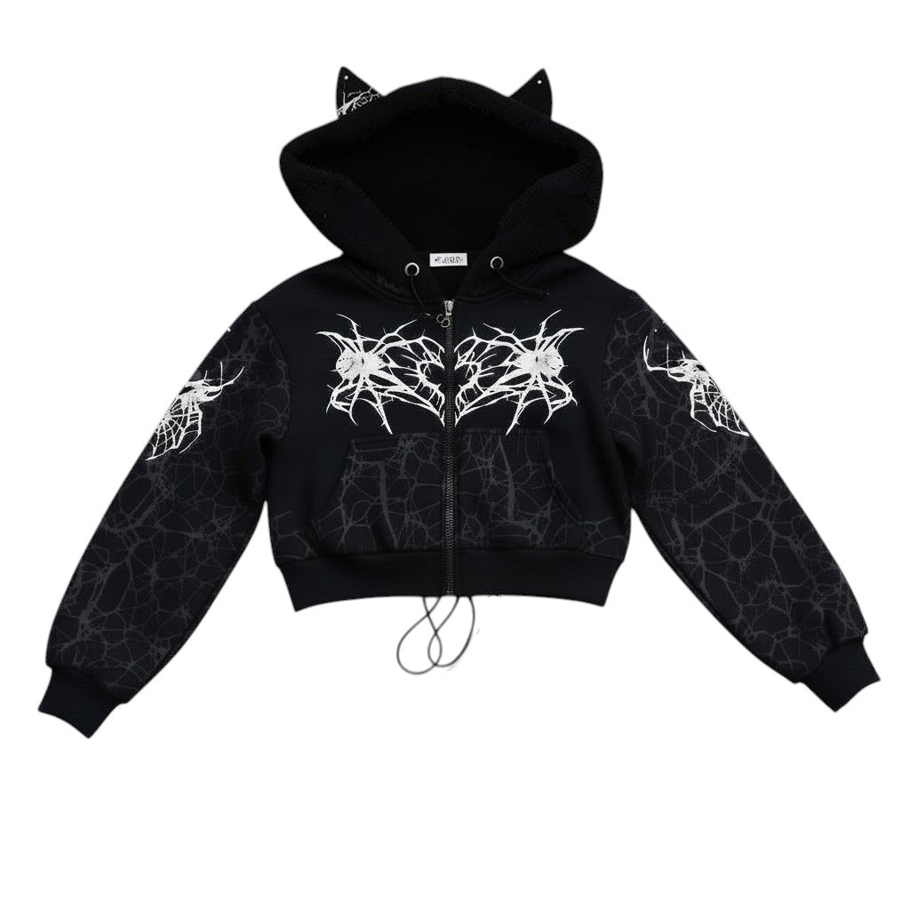 AuraXclusive black cropped zip-up hoodie with white lightning crackle graphic, cat ear hood, and drawstring detail.