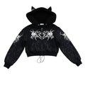 AuraXclusive black cropped zip-up hoodie with white lightning crackle graphic, cat ear hood, and drawstring detail.
