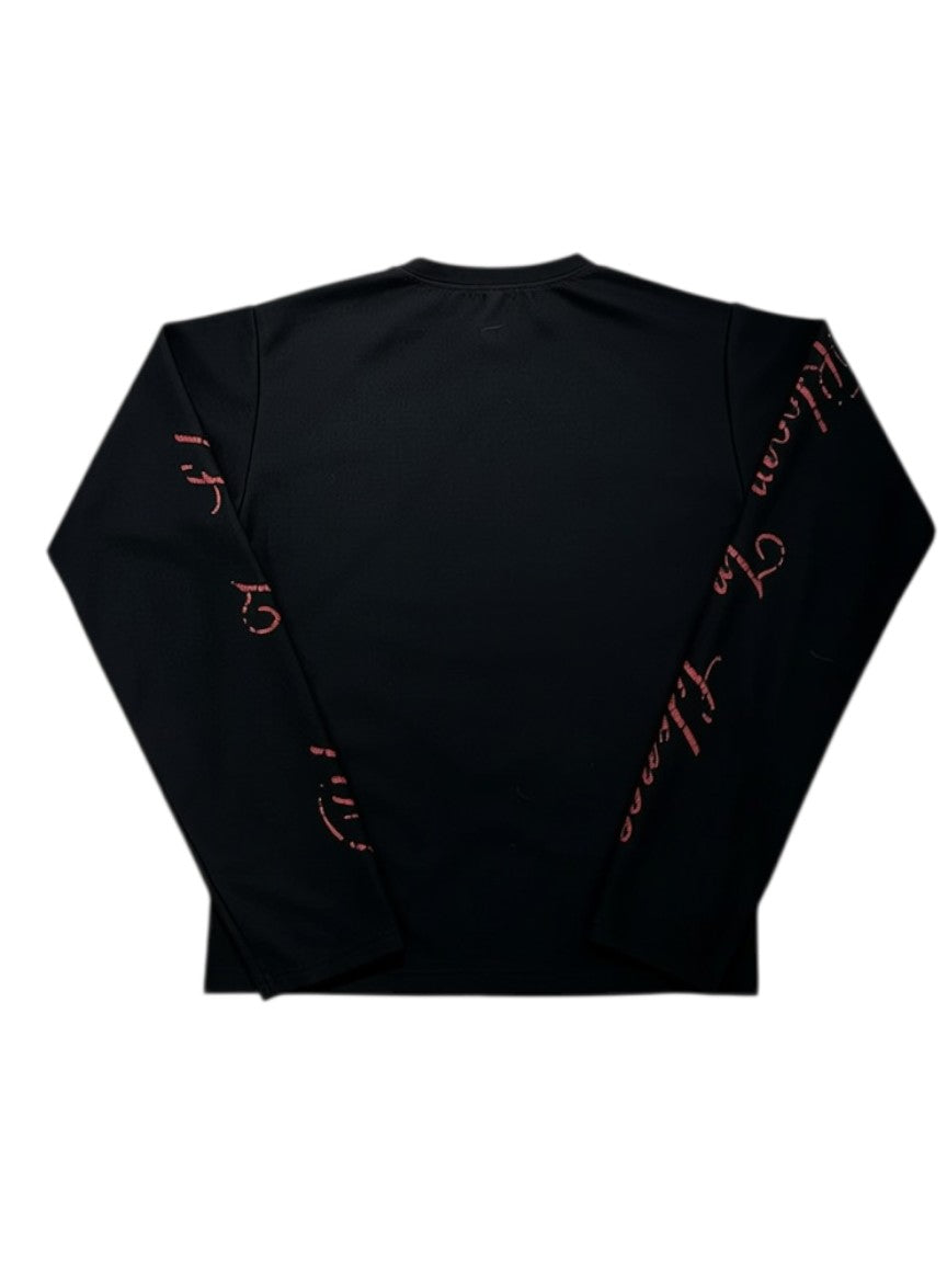 AuraXclusive black long-sleeved Y2K streetwear top with red graphic print on sleeves and a classic round neck