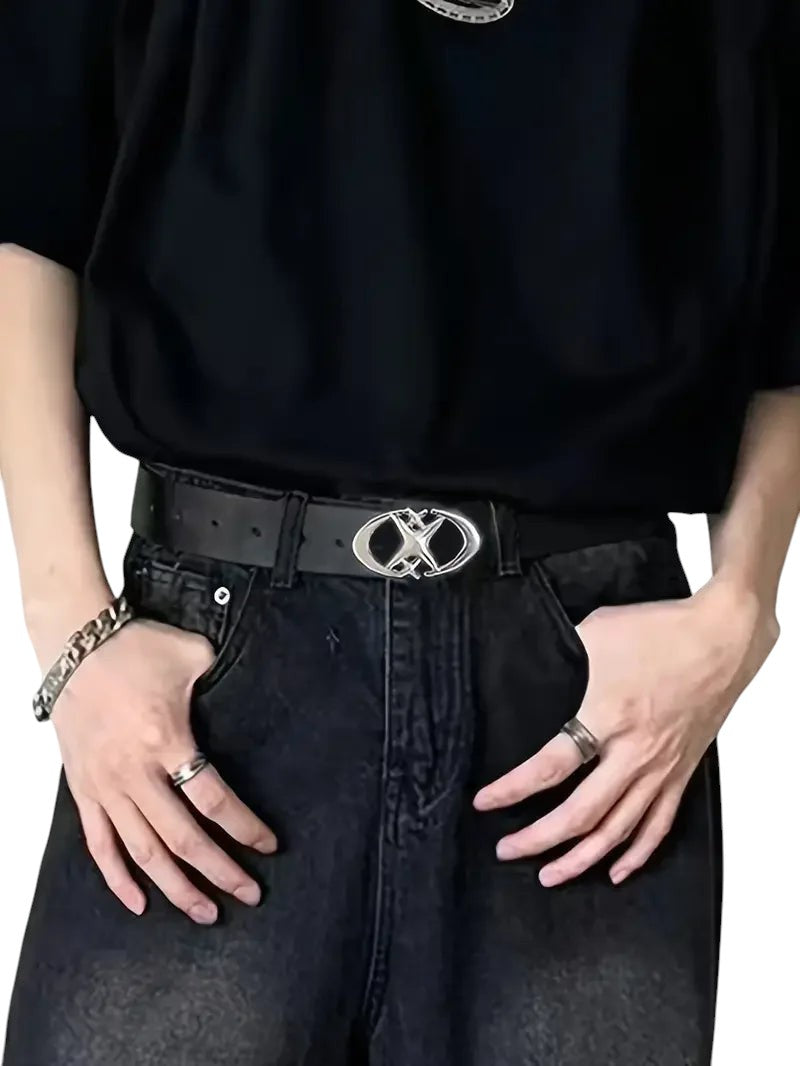 AuraXclusive unisex black PU leather belt featuring a stylish oval metal buckle with a cross design on a model