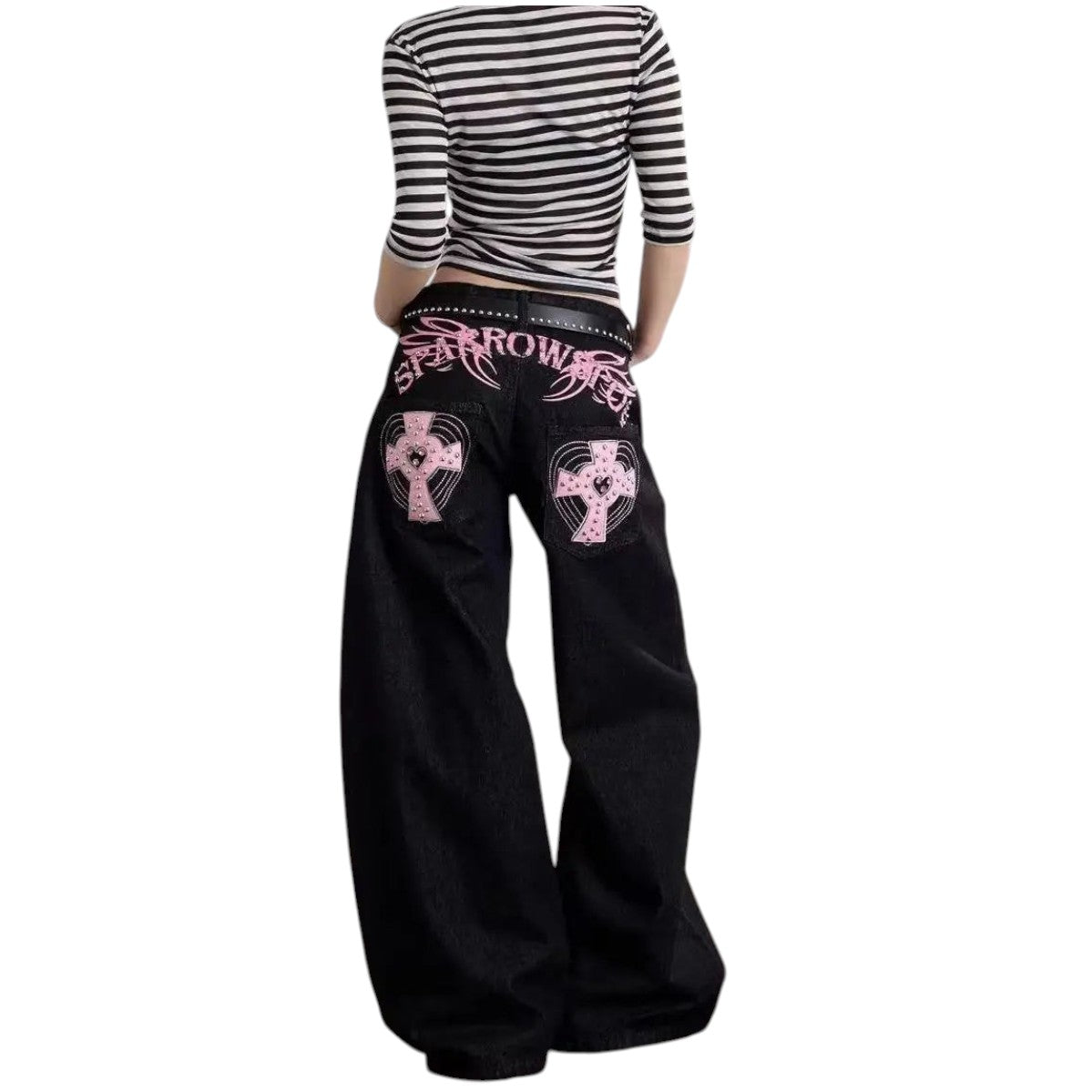 AuraXclusive loose black jeans featuring pink cross appliques and heavy stitching on the back pockets
