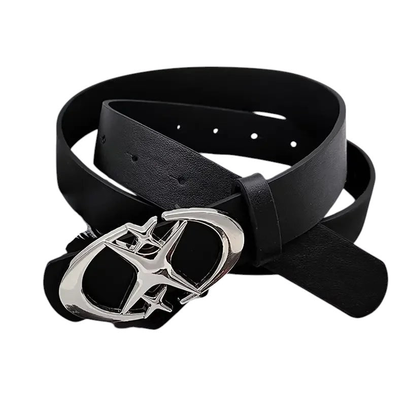 AuraXclusive unisex black PU leather belt featuring a stylish silver oval buckle with a geometric cross design.