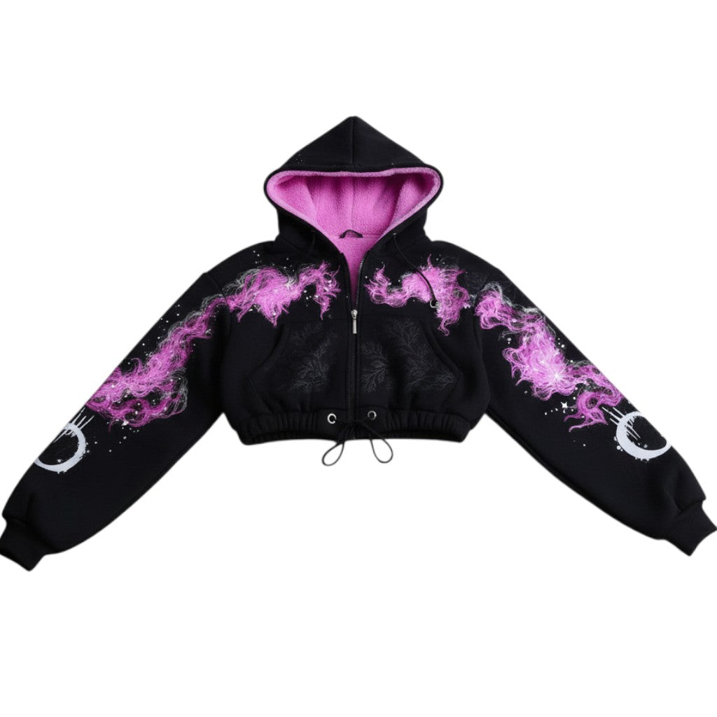 AuraXclusive black cropped zip-up hoodie featuring a purple lightning crackle graphic and a bright purple fleece lining.