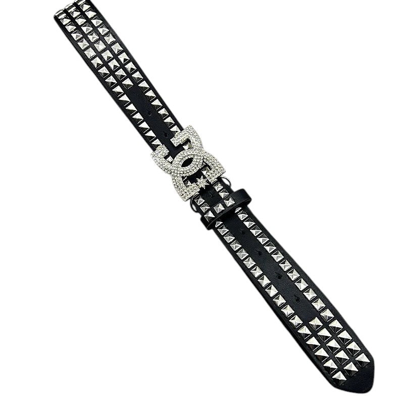 AuraXclusive black PU leather punk belt featuring double rows of silver studs and a large rhinestone-embellished buckle