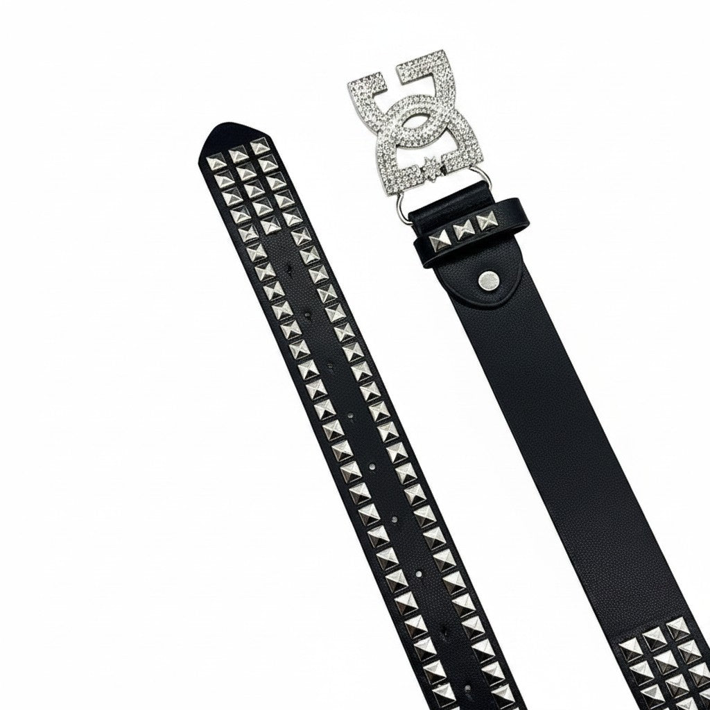 AuraXclusive black PU leather punk belt featuring double rows of silver studs and a large rhinestone-encrusted buckle.