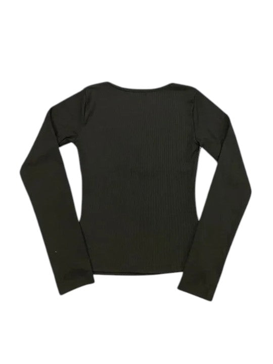 AuraXclusive black long-sleeve slim-fit ribbed knit top with a V-neckline for women.