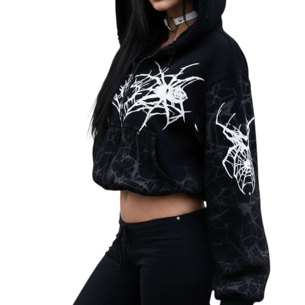 AuraXclusive Y2K grunge cropped zip-up hoodie in black with white spiderweb print and cat ear hood detail.