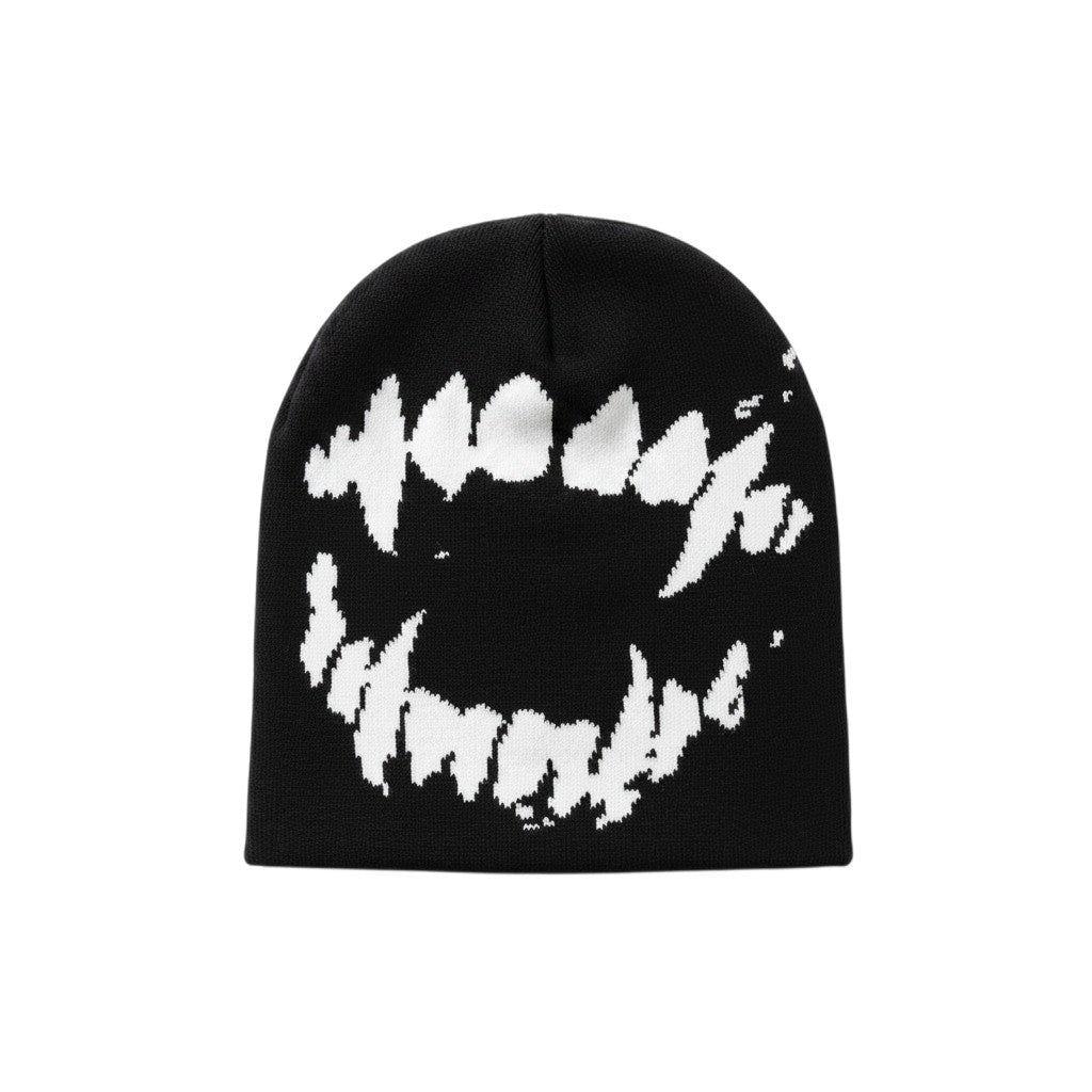 AuraXclusive black knit beanie featuring a white graphic tooth print in a gothic Y2k streetwear style.