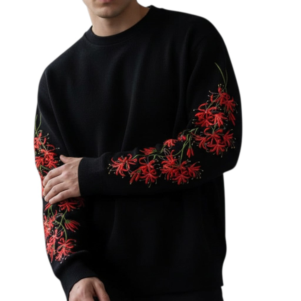 AuraXclusive black waffle knit long sleeve top with red cherry blossom embroidery on the sleeves for a gothic Y2K look