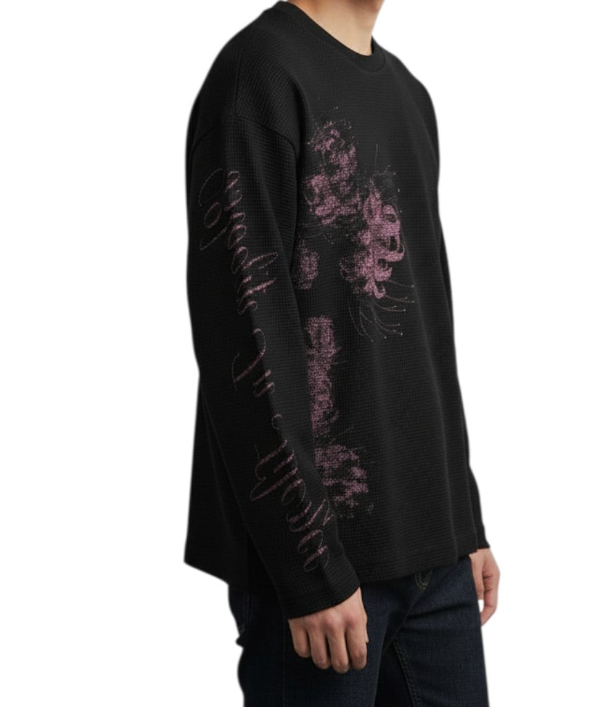 AuraXclusive black waffle-knit long-sleeve top with pink floral graphic print and script lettering on the sleeve
