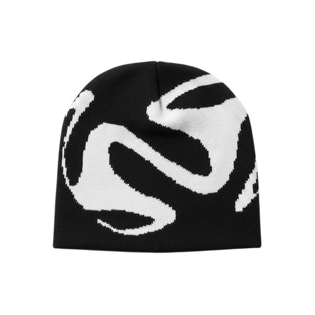 AuraXclusive black and white knit beanie featuring a bold abstract graphic pattern in a Y2k streetwear style.