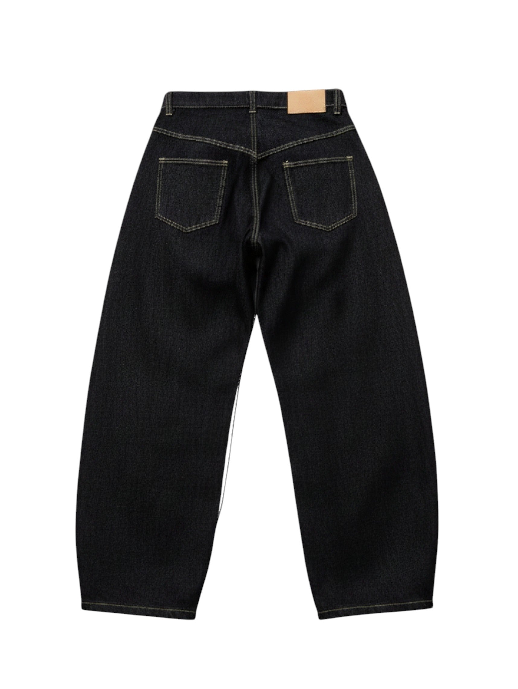 AuraXclusive black wide-leg denim jeans with a high-rise waist, back pockets, and contrast stitching, rear view.