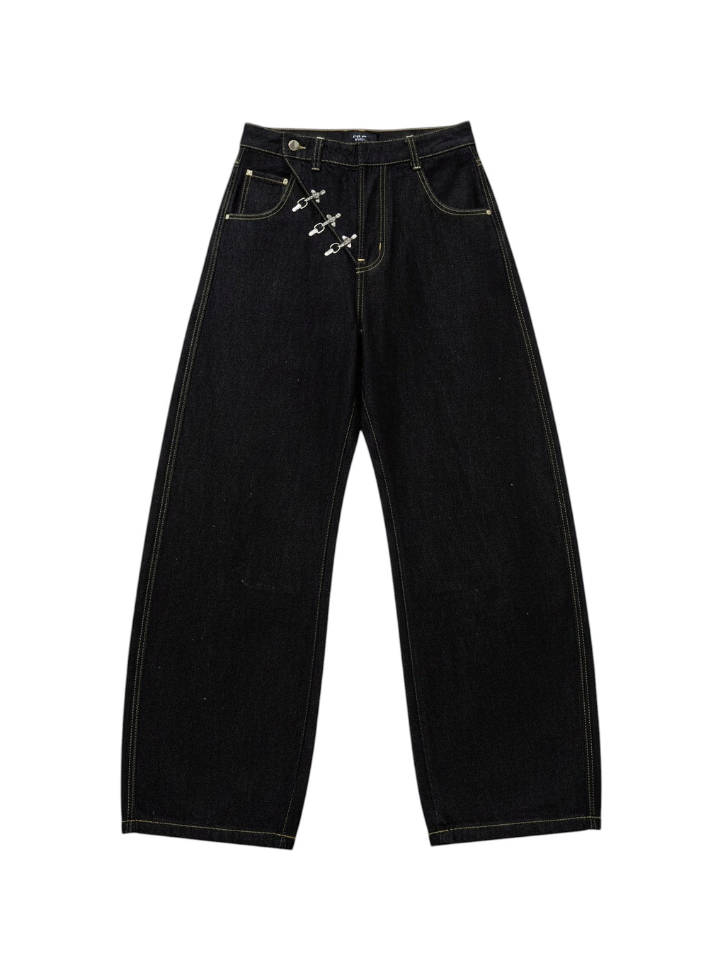 AuraXclusive black wide-leg denim jeans with a high-rise waist and unique silver metal buckle closure detail.