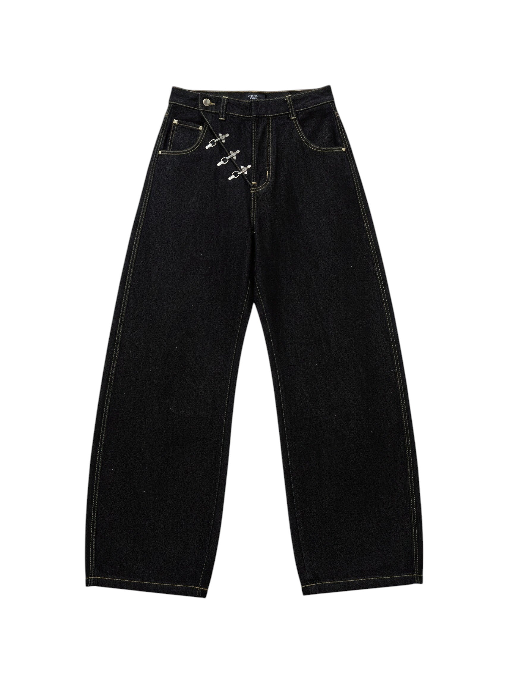 AuraXclusive black wide-leg denim jeans with a high-rise waist and unique silver metal buckle closure detail.