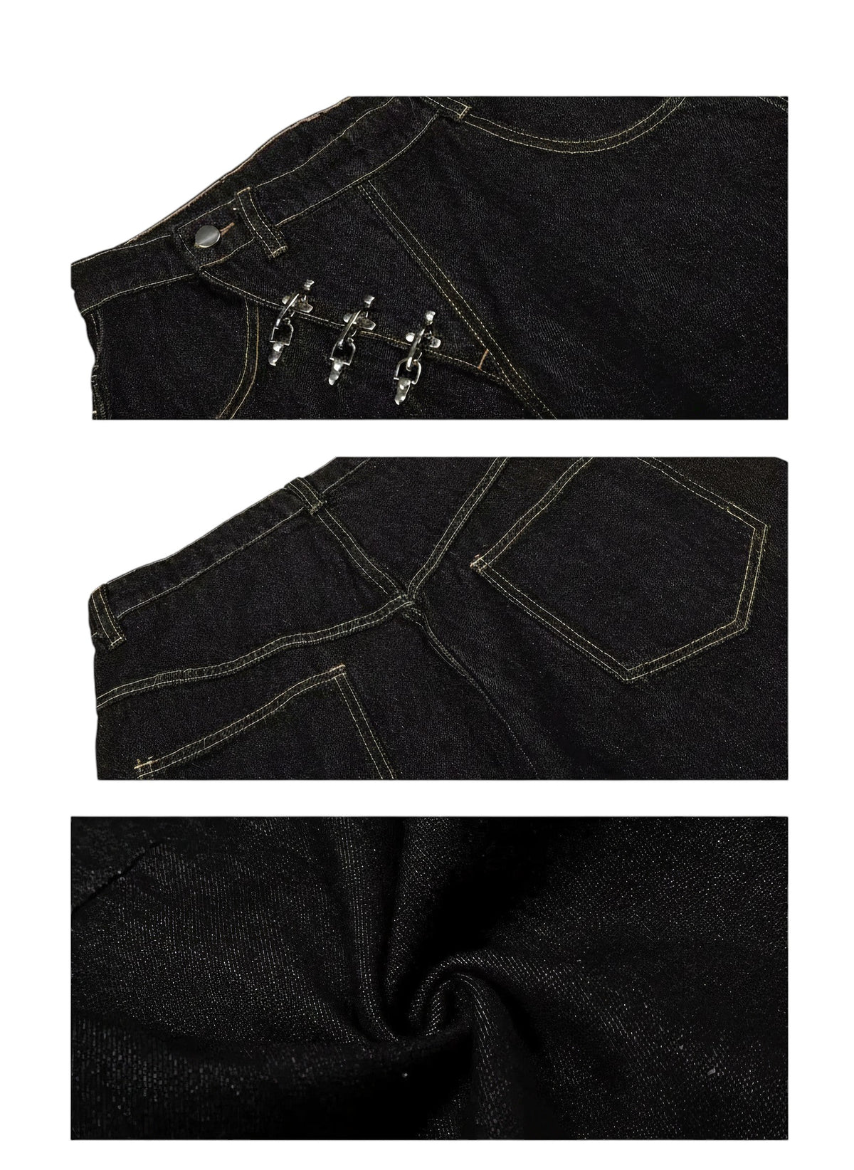 AuraXclusive black wide-leg denim jeans featuring silver metal chain hardware, contrast stitching, and back pockets.