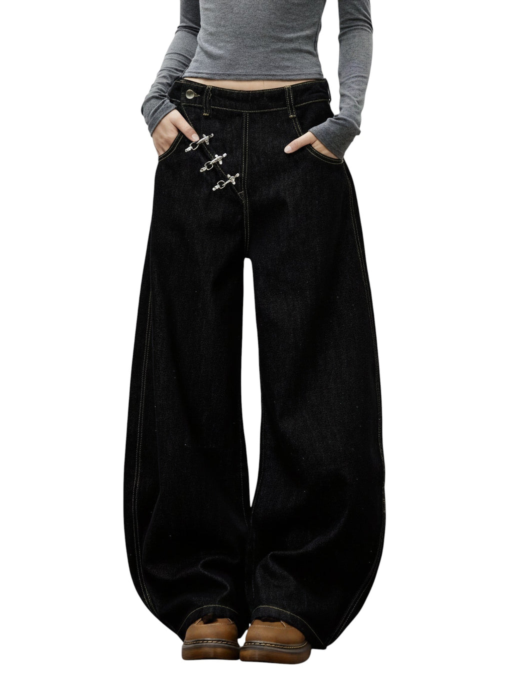 AuraXclusive black wide-leg denim jeans with a high-rise waist and unique metal buckle closure detail.