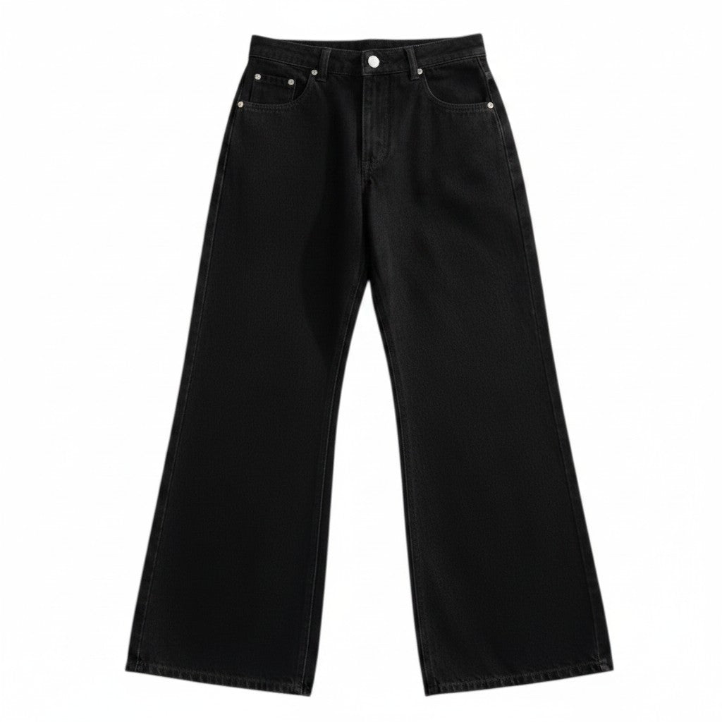 AuraXclusive black wide-leg denim jeans with a mid-rise waist, zipper fly, and classic five-pocket design.
