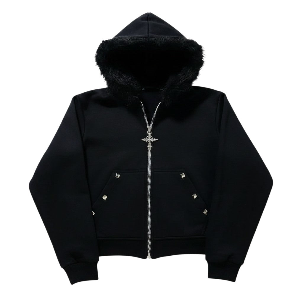 AuraXclusive black Y2K zip-up hoodie featuring a faux fur-lined hood, silver cross zipper pull, and stud accents.