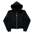 AuraXclusive black Y2K zip-up hoodie featuring a faux fur-lined hood, silver cross zipper pull, and stud accents.