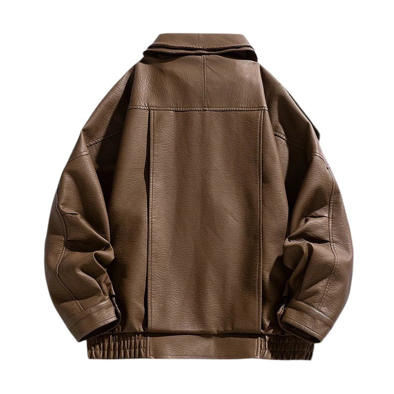 AuraXclusive men's brown faux leather jacket, back view showing casual fit with turn-down collar and ribbed hem