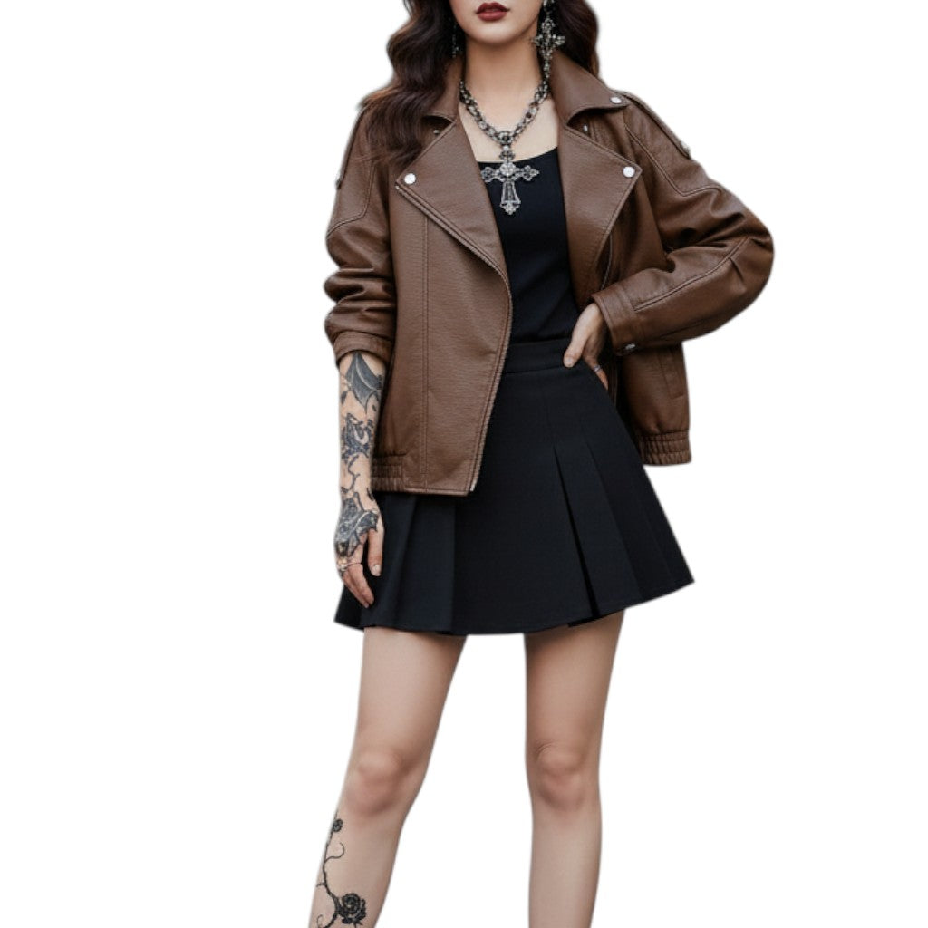 AuraXclusive brown faux leather jacket worn by a model with a black dress and heels in a casual autumn winter style