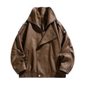 AuraXclusive men's brown faux leather jacket with a turn-down collar, zipper closure, and elastic hem for autumn winter.