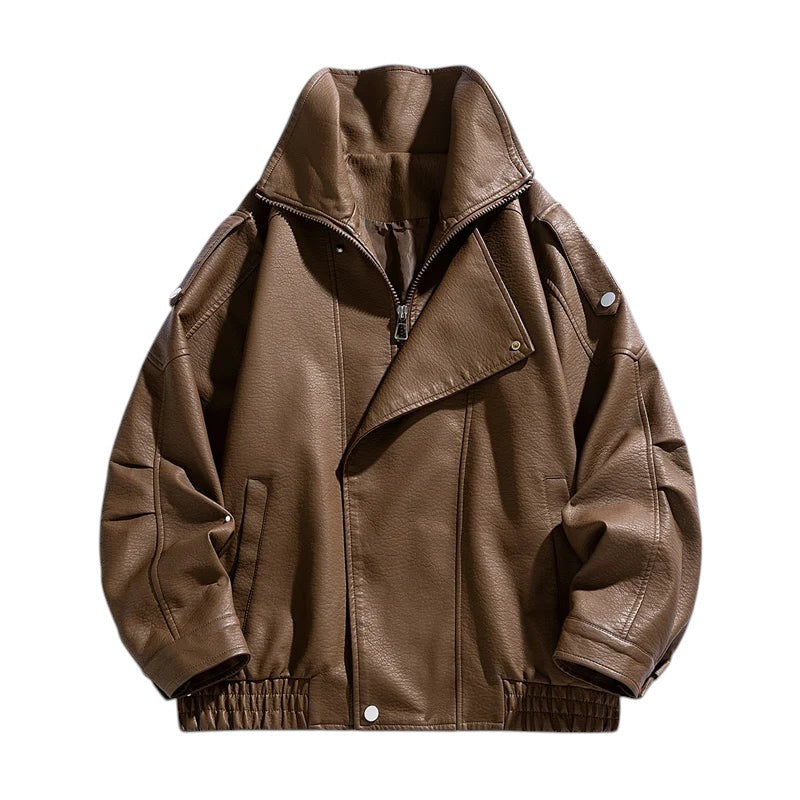 AuraXclusive men's brown faux leather jacket with a turn-down collar, zipper closure, and elastic hem for autumn winter.