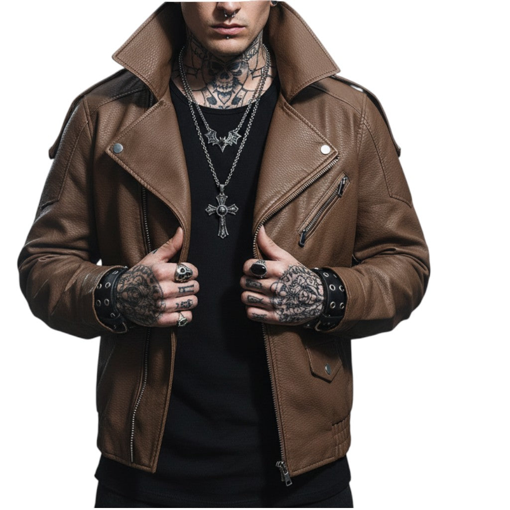AuraXclusive men's brown faux leather jacket with a turn-down collar, zipper closure, and casual autumn winter style.