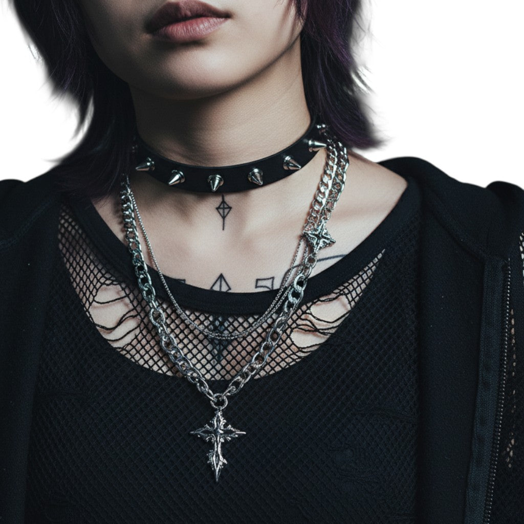 AuraXclusive gothic cross pendant necklace with layered stainless steel chains worn by a person in punk style