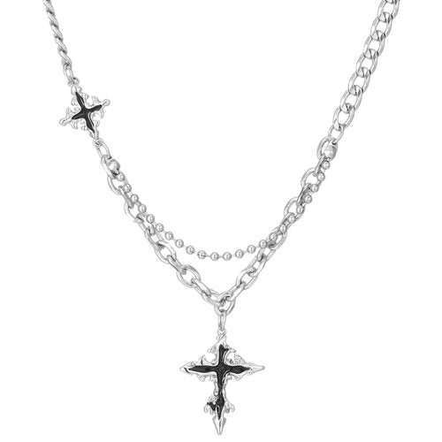 AuraXclusive vintage gothic cross pendant necklace featuring a layered stainless steel chain with black detailing