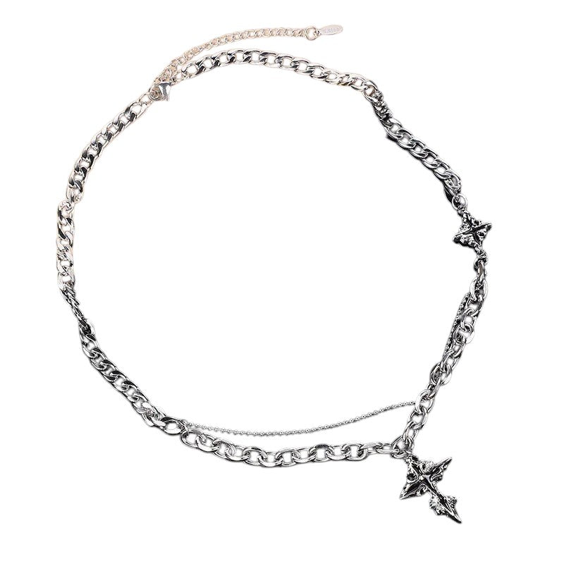AuraXclusive vintage gothic cross pendant necklace featuring a silver stainless steel layered chain design.