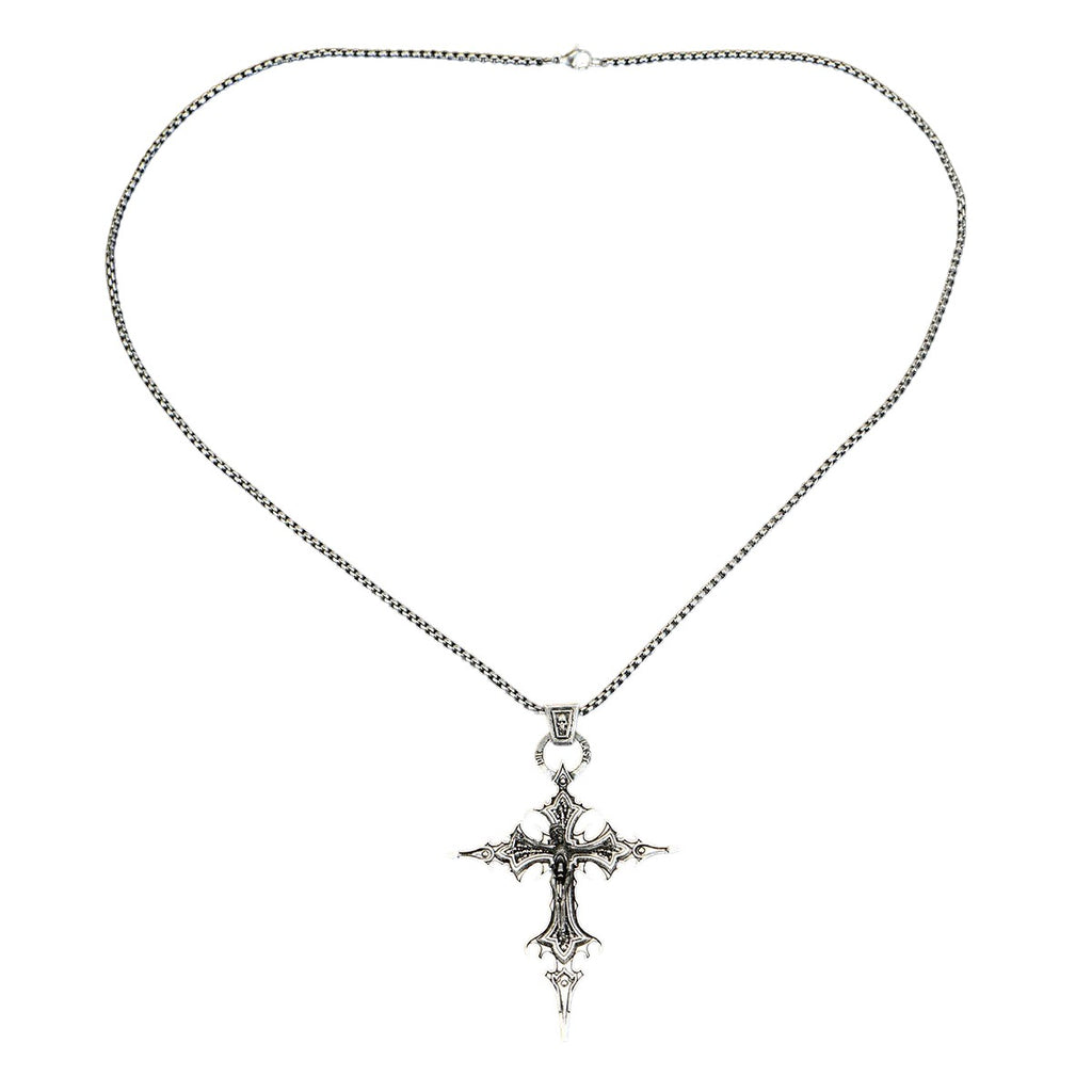 AuraXclusive neo-gothic silver zinc alloy nail cross pendant necklace with a bamboo chain on a black background